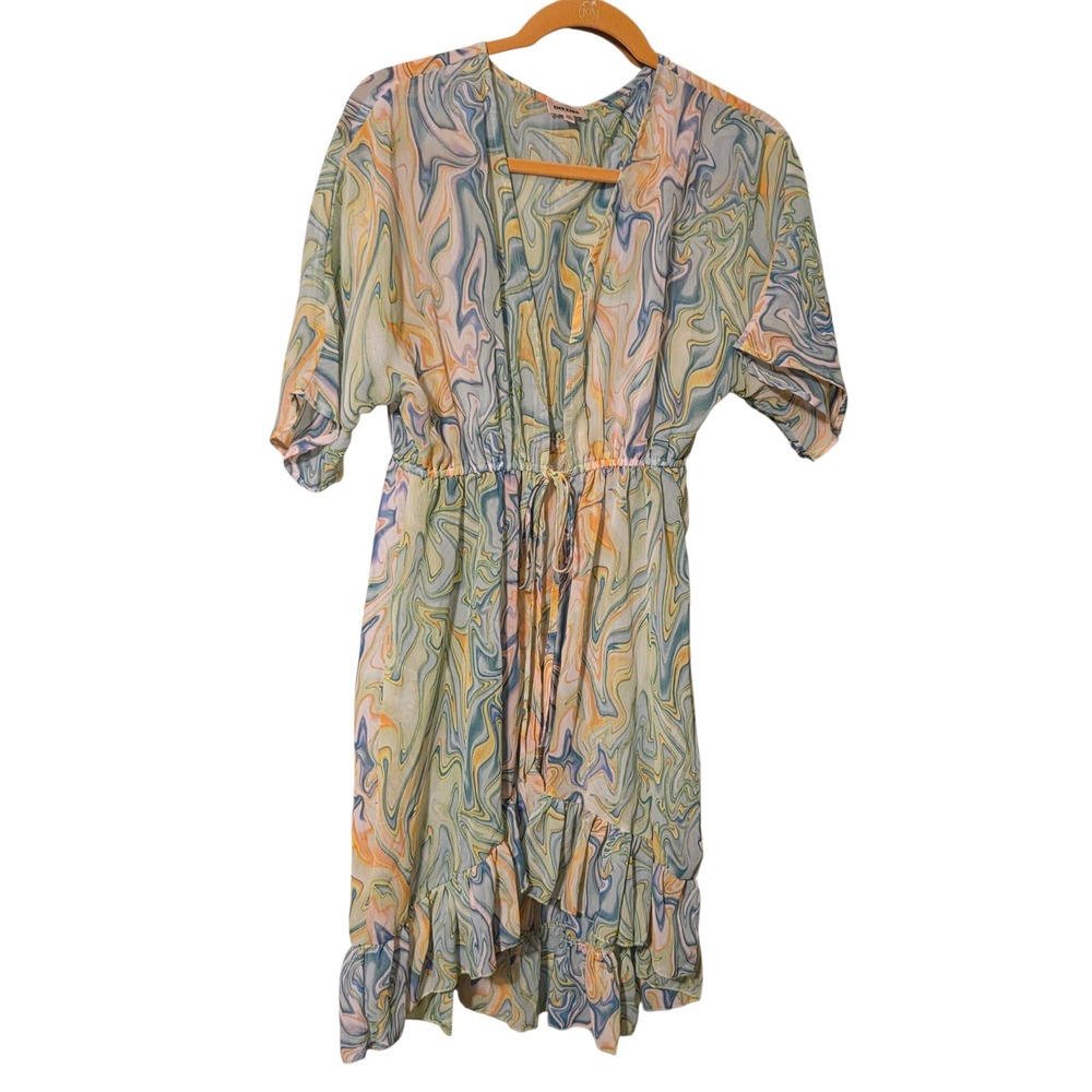 Dizzire Marble Swirl Kimono Tie Waist High Low Ruffle Cover Up Green Blue Medium - Picture 2 of 6